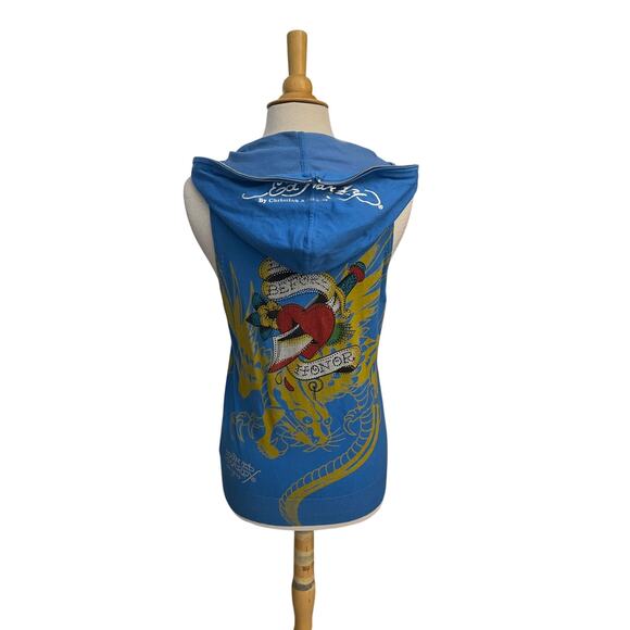 Vintage Ed Hardy Zip Up Blue Hoodie Sleeveless Sz S Y2K Life Before Honor Tattoo - Picture 1 of 4